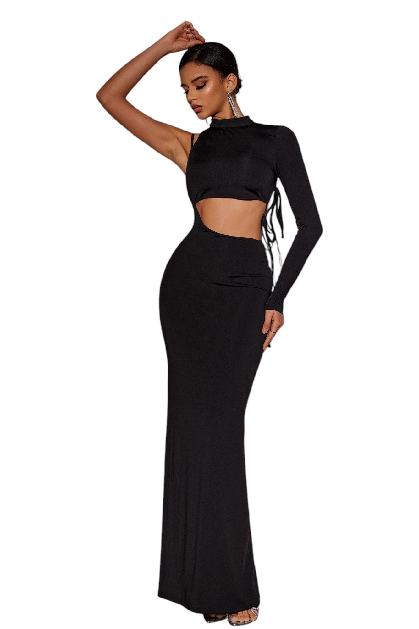 Elegant Black Backless Evening Gown - Draped Neck Party Dress