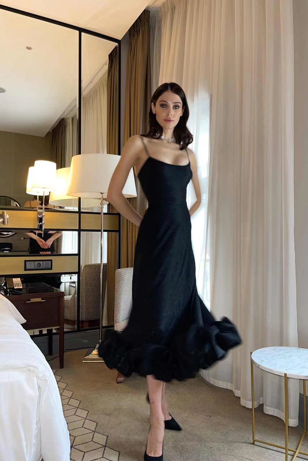 Simone | Flowy Ruffle-Hem Spaghetti Strap Midi Dress Black