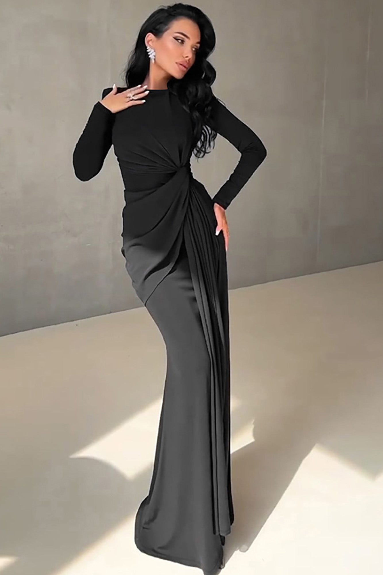 Delta | Elegant Pink Satin Long Sleeve Gown Black