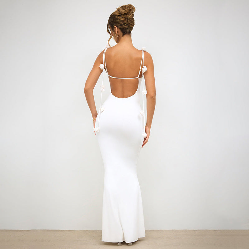 Backless Formal Floral Strap Maxi Dress White
