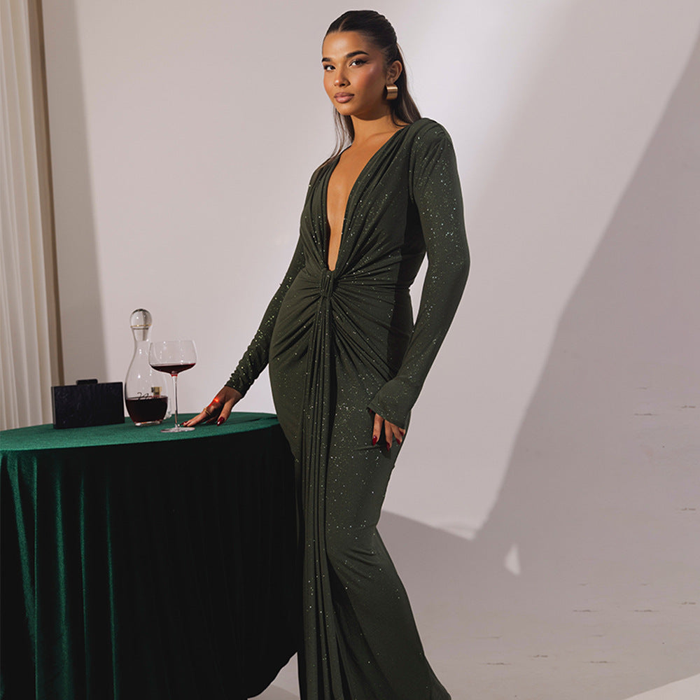 Drape Detail Long Sleeve Evening Gown with Plunging Neckline