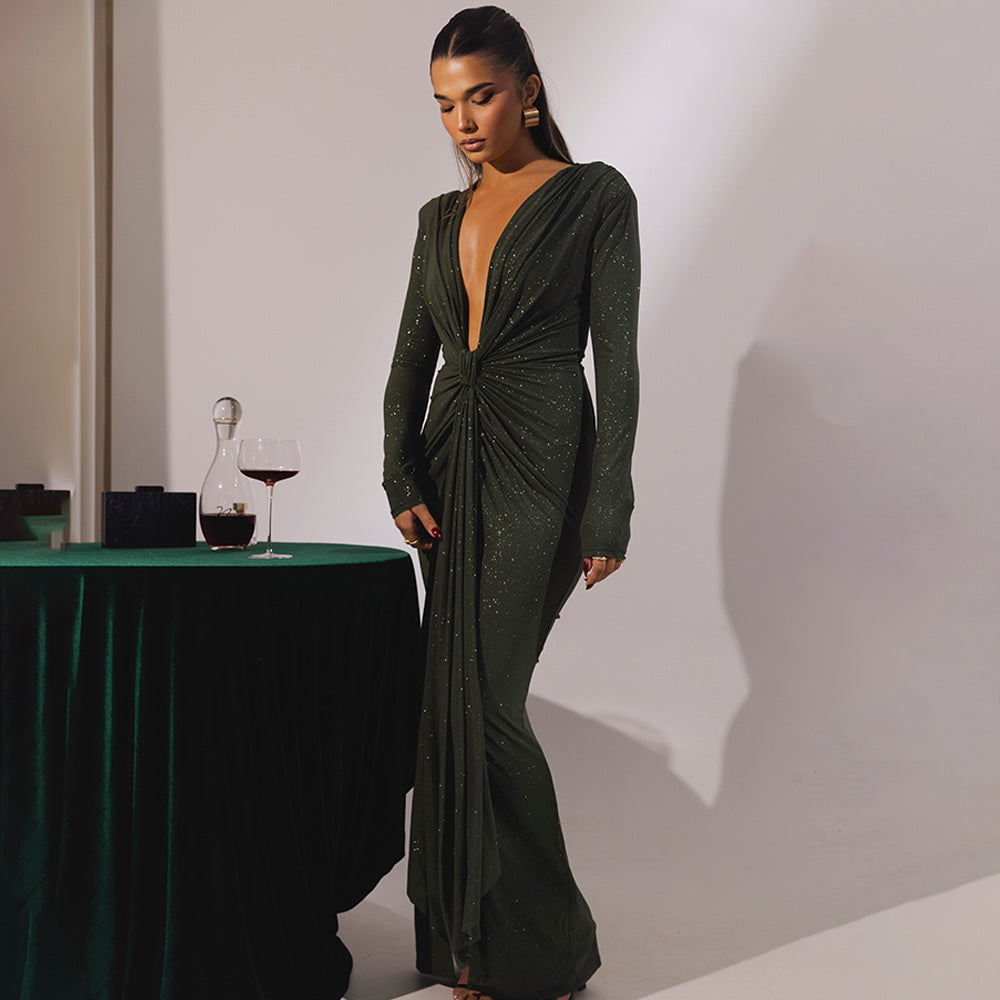Drape Detail Long Sleeve Evening Gown with Plunging Neckline