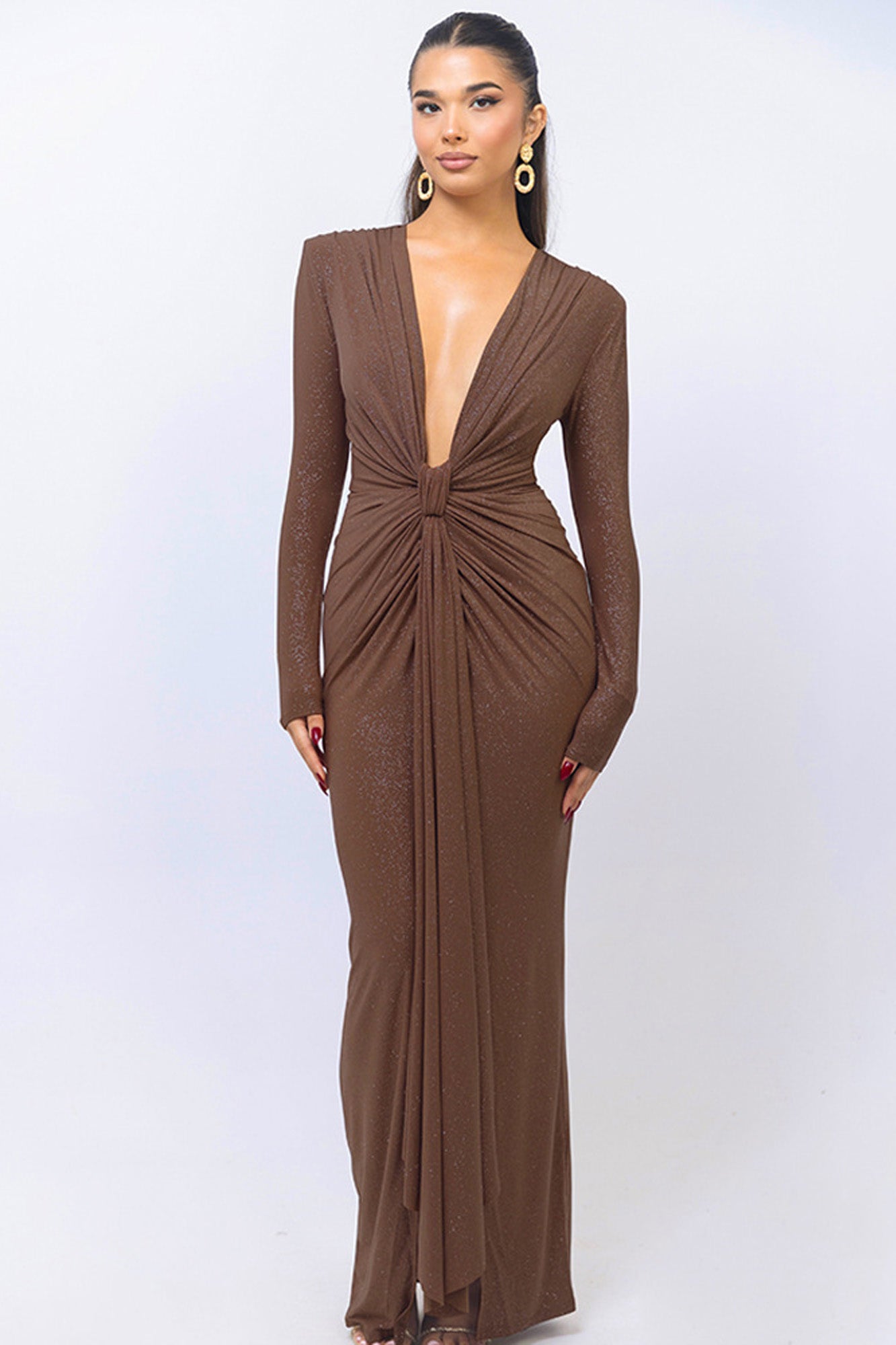 Drape Detail Long Sleeve Evening Gown with Plunging Neckline Dark Brown