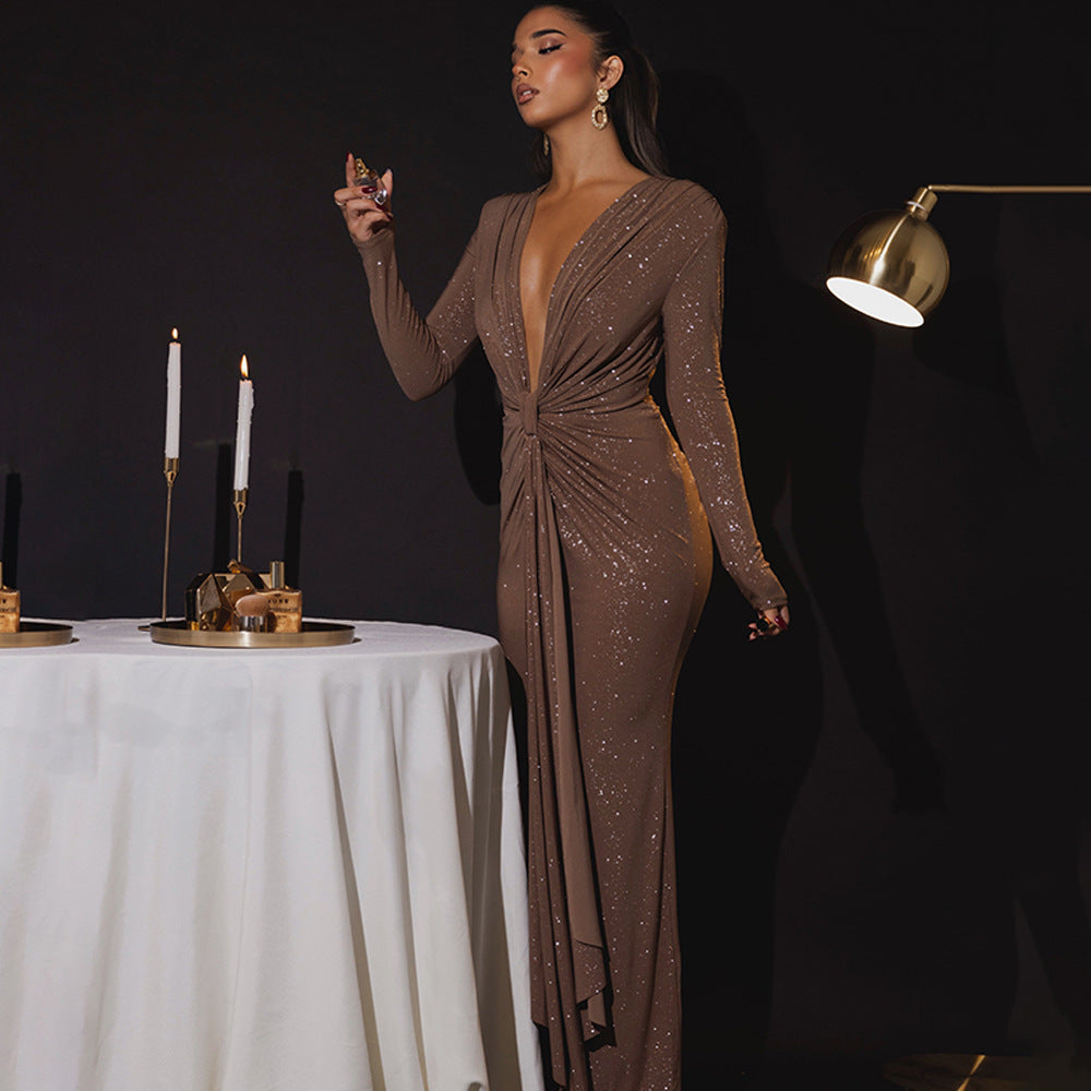 Drape Detail Long Sleeve Evening Gown with Plunging Neckline Dark Brown