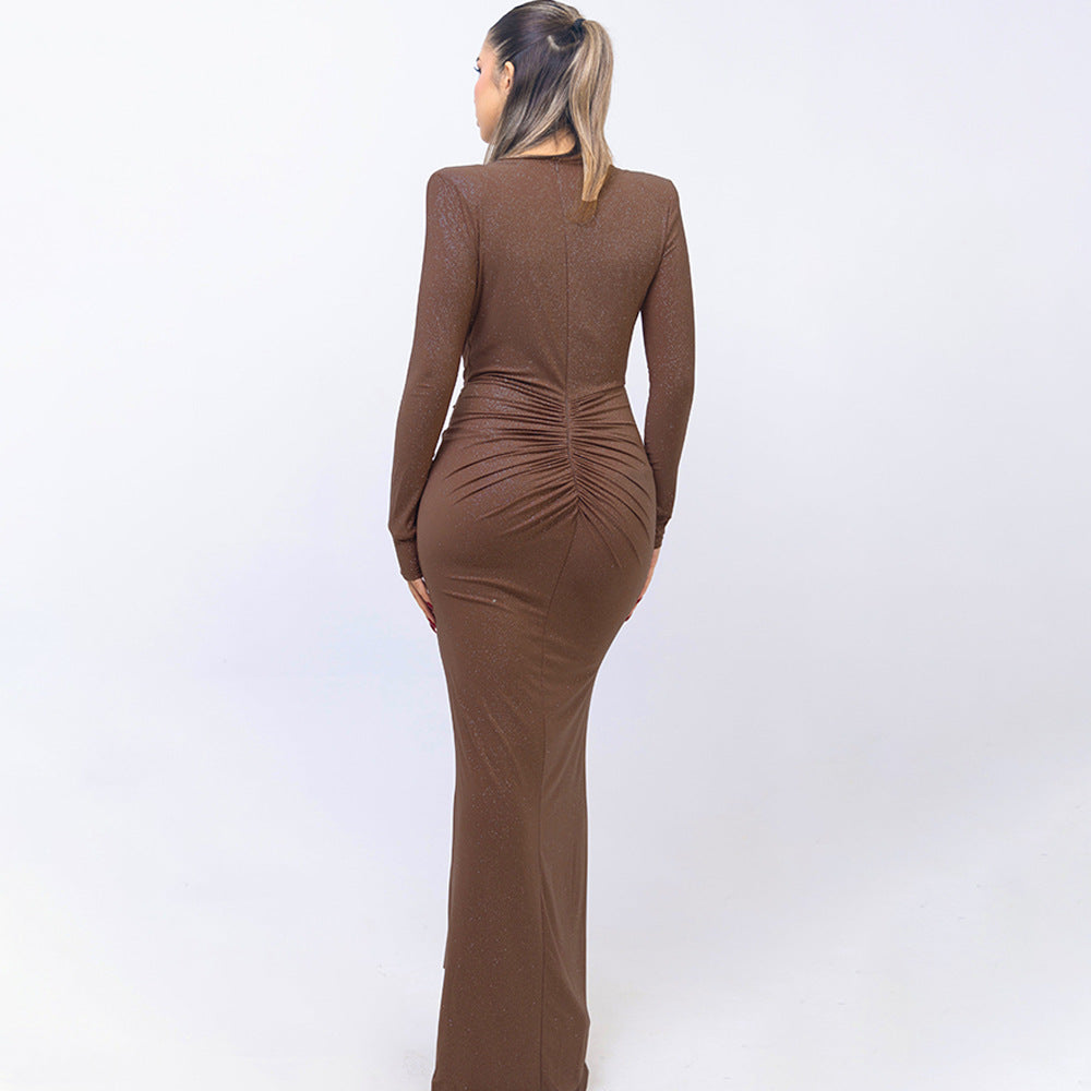 Drape Detail Long Sleeve Evening Gown with Plunging Neckline Dark Brown