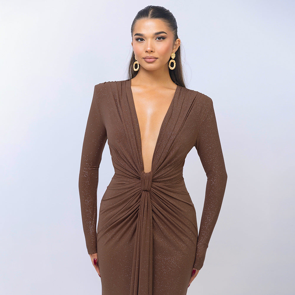 Drape Detail Long Sleeve Evening Gown with Plunging Neckline Dark Brown