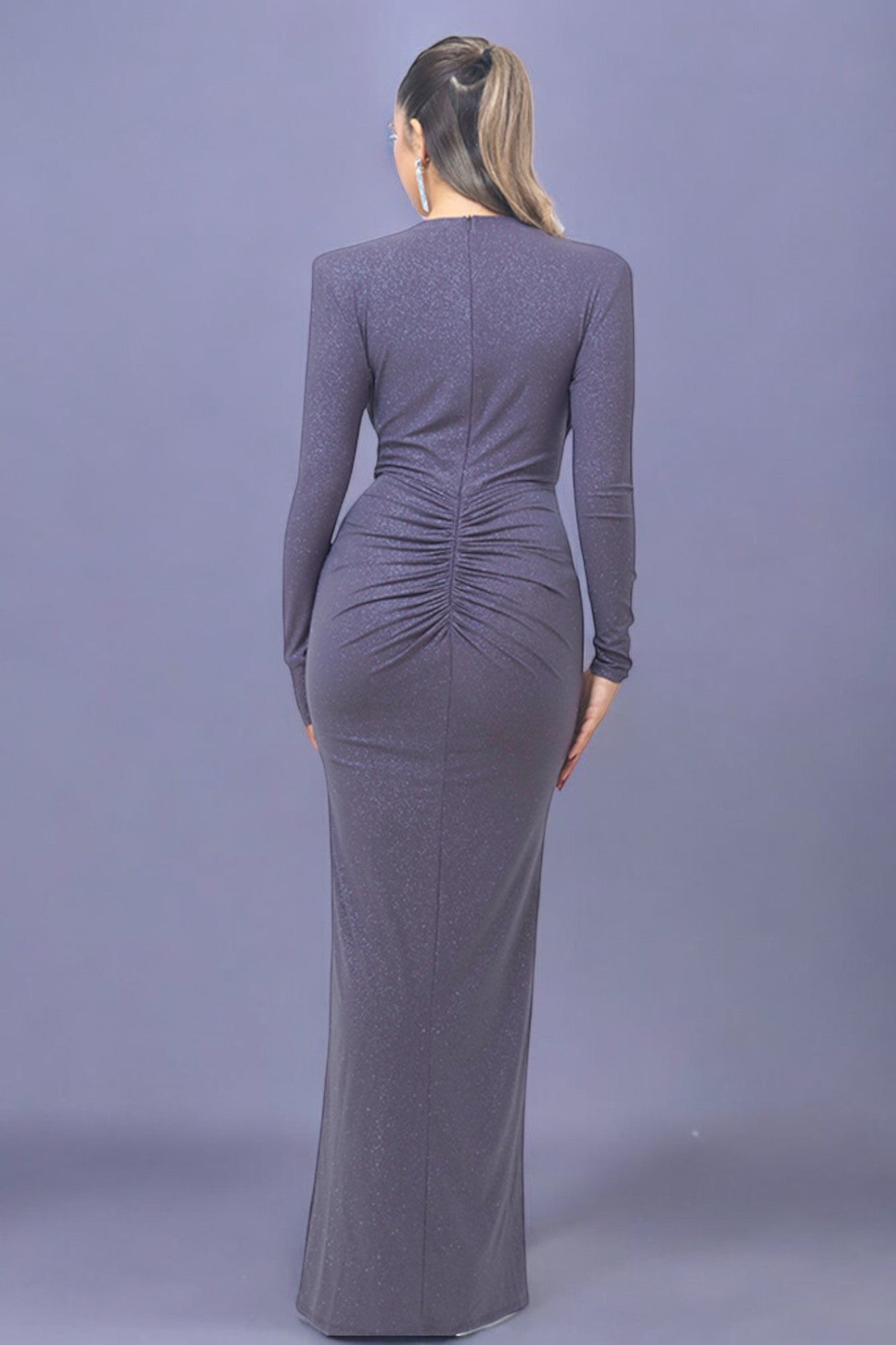 Drape Detail Long Sleeve Evening Gown with Plunging Neckline Purple