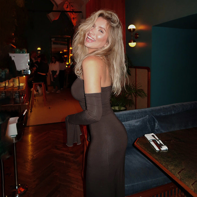 Elegant Off-Shoulder Long Sleeve Evening Gown Dark Brown