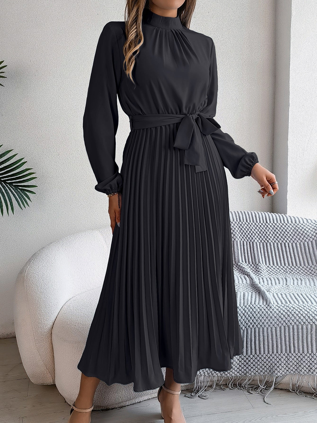 Elegant Pleated Midi Dress With Belt Black