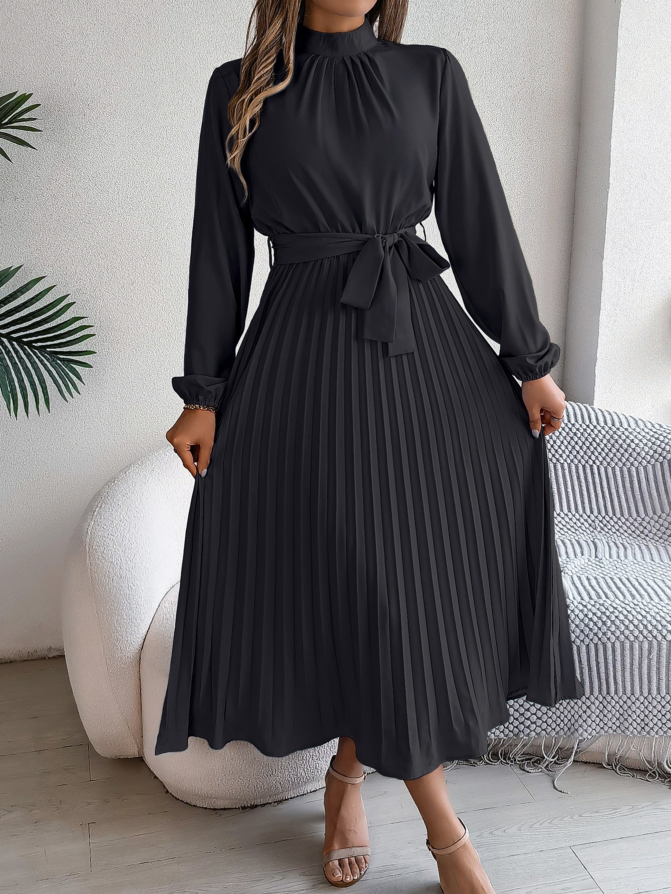 Elegant Pleated Midi Dress With Belt Black