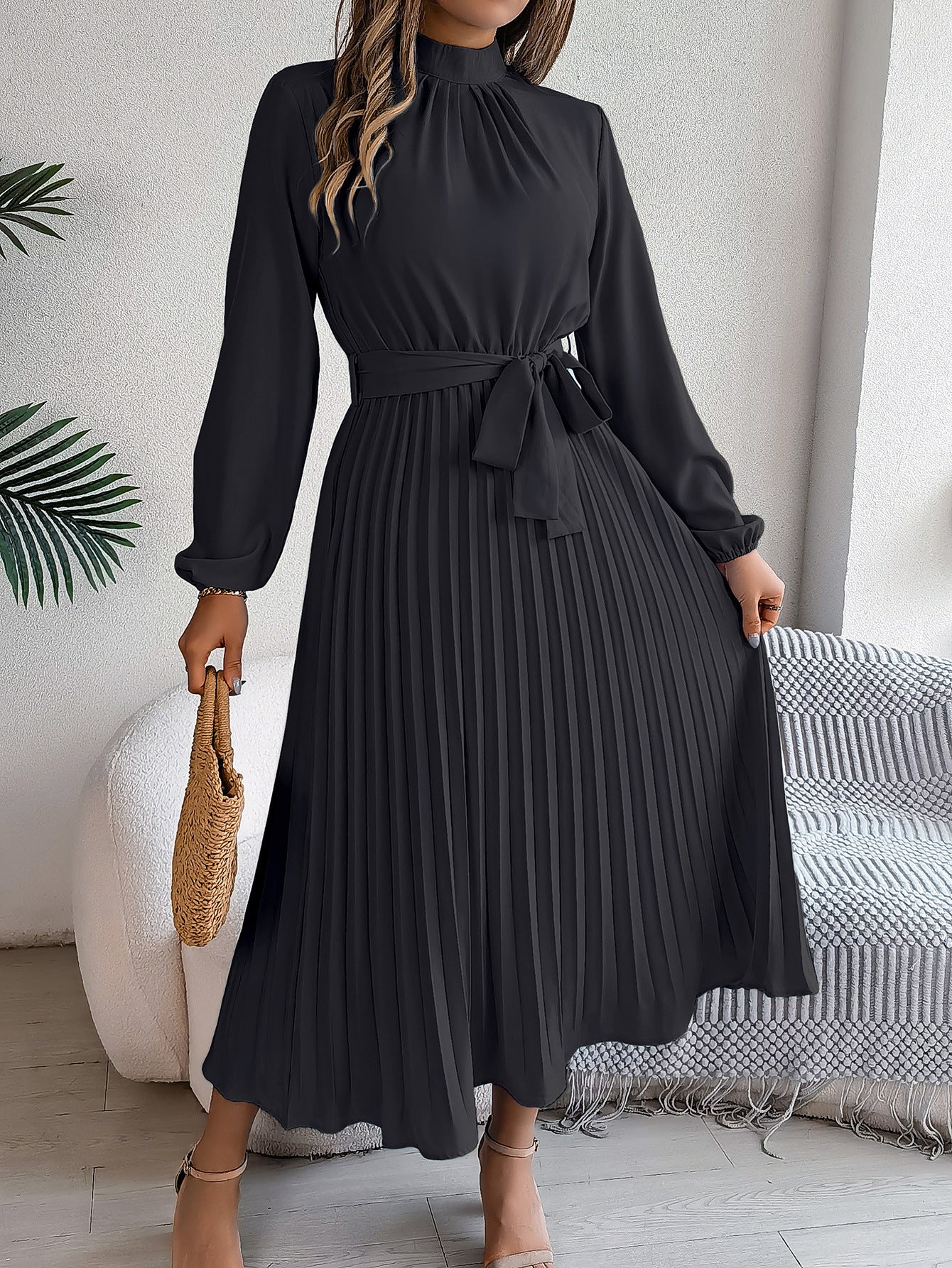 Elegant Pleated Midi Dress With Belt Black