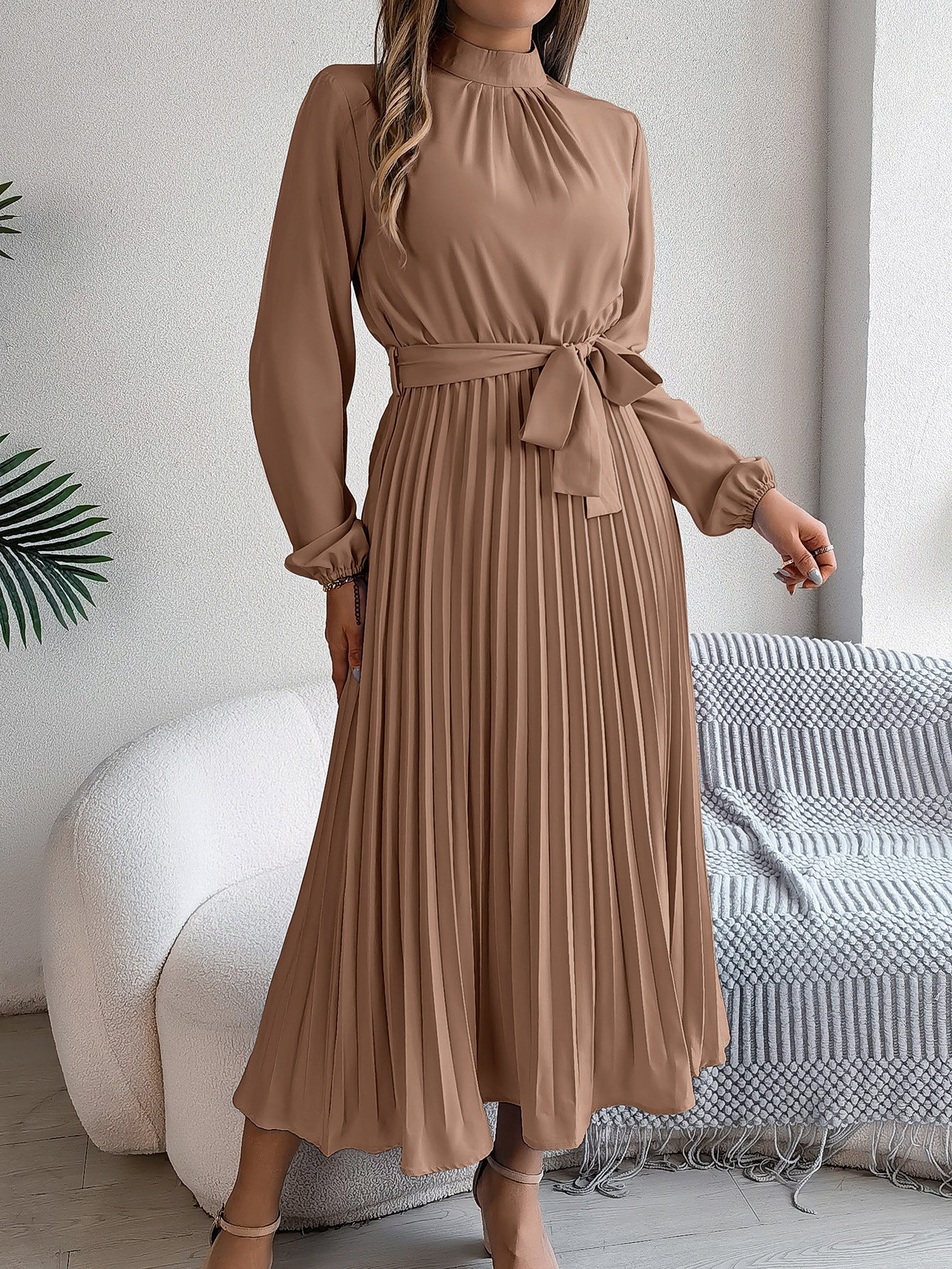 Elegant Pleated Midi Dress With Belt Brown