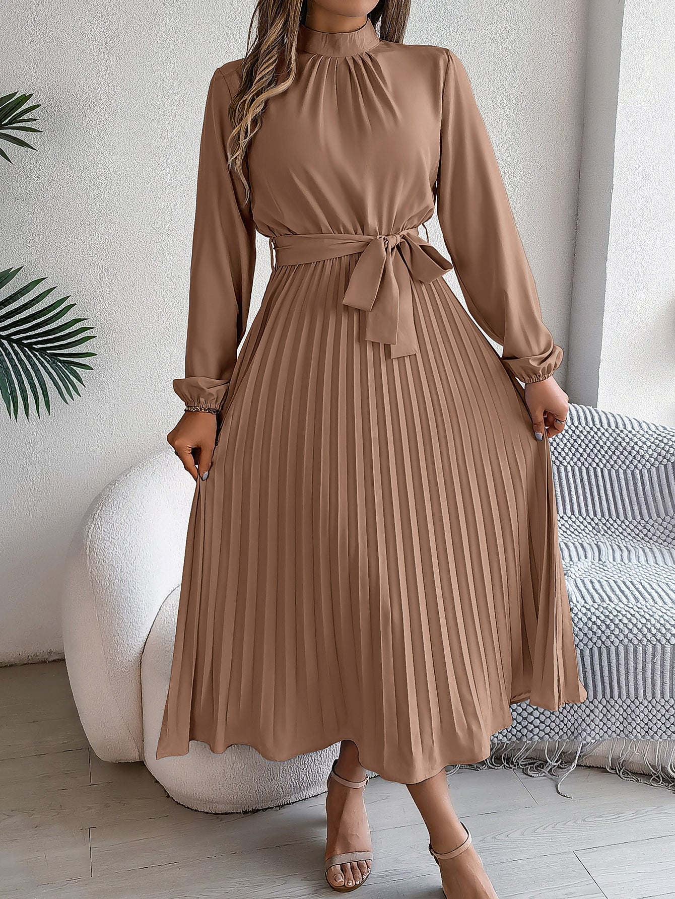 Elegant Pleated Midi Dress With Belt Brown