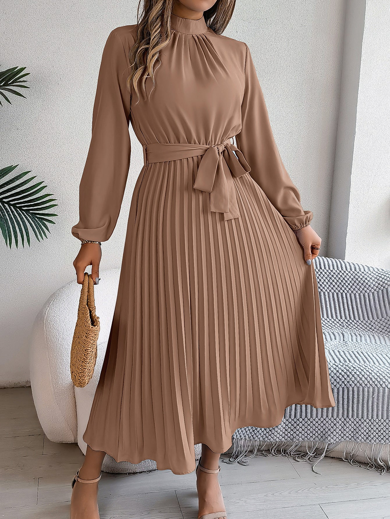 Elegant Pleated Midi Dress With Belt Brown