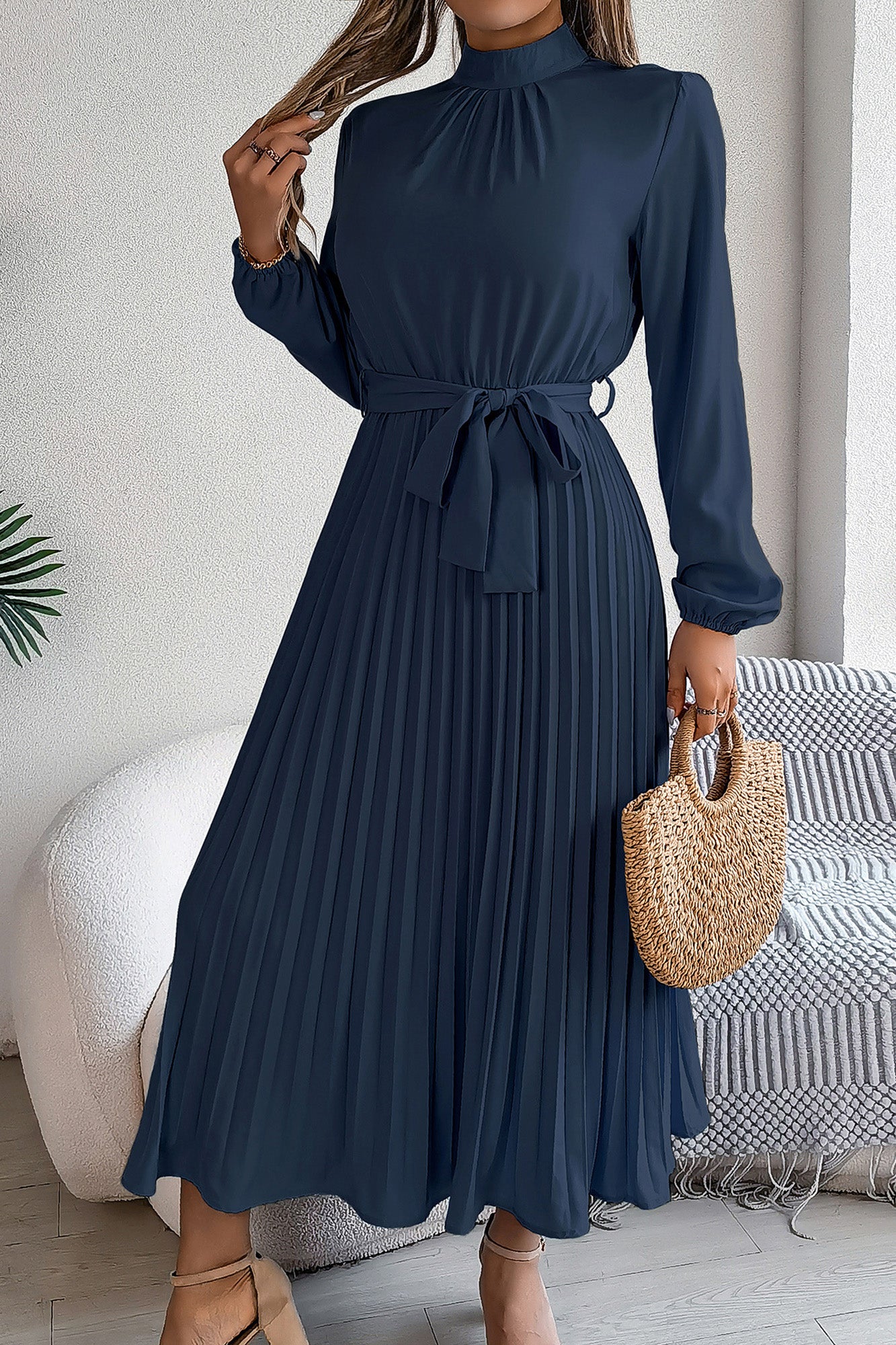 Elegant Pleated Midi Dress With Belt Cobalt Blue