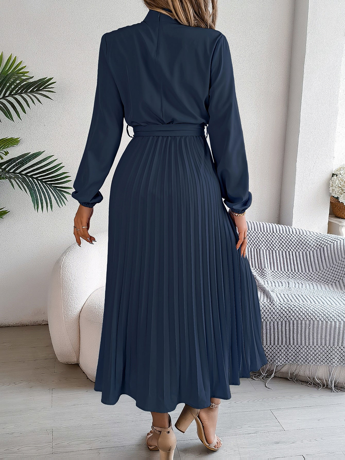 Elegant Pleated Midi Dress With Belt Cobalt Blue