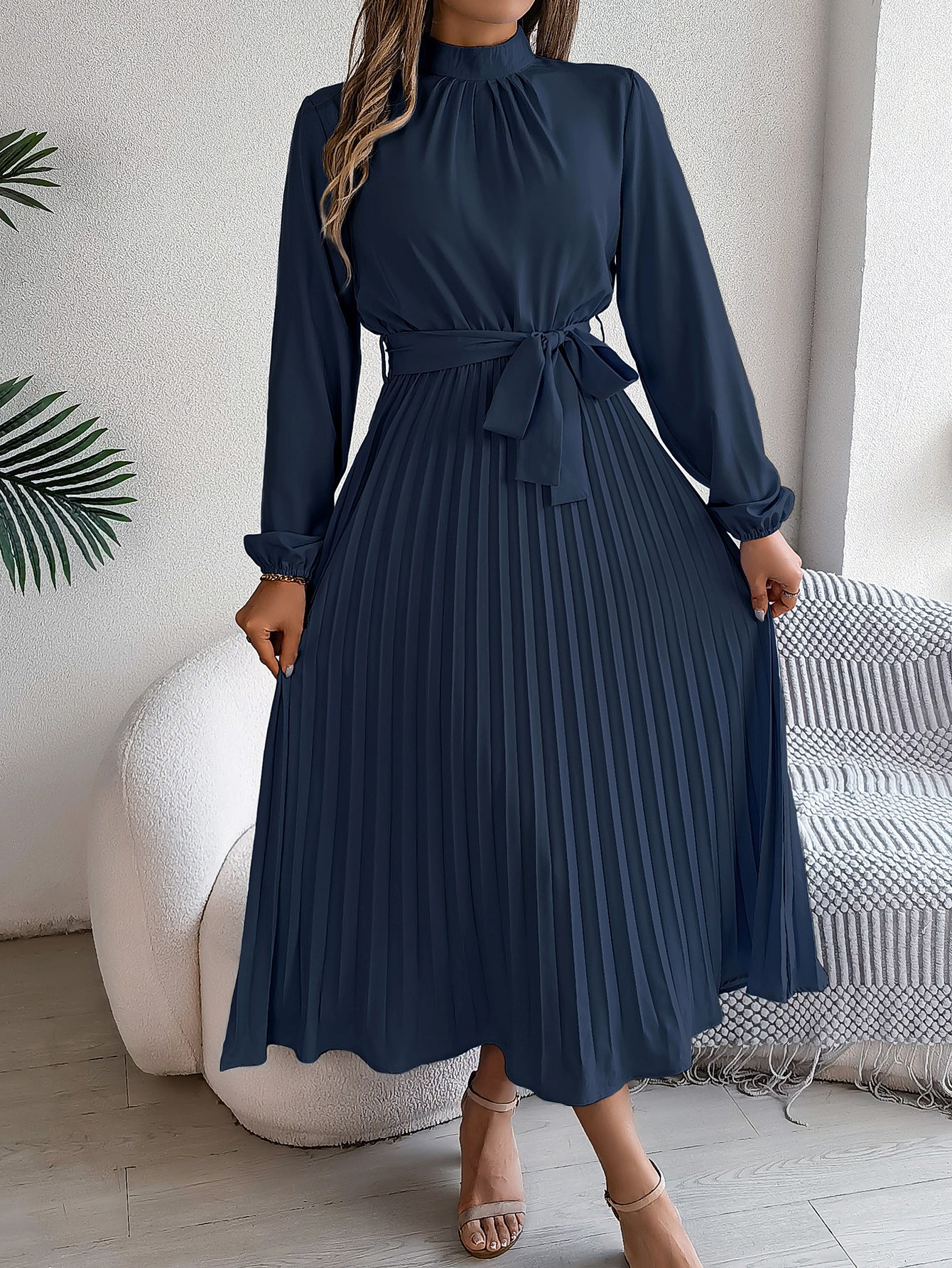 Elegant Pleated Midi Dress With Belt Cobalt Blue
