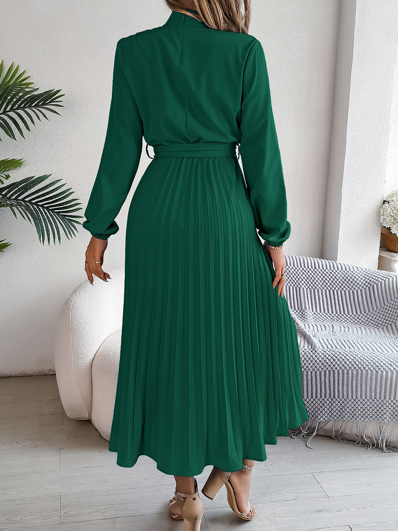 Elegant Pleated Midi Dress With Belt Dark Green