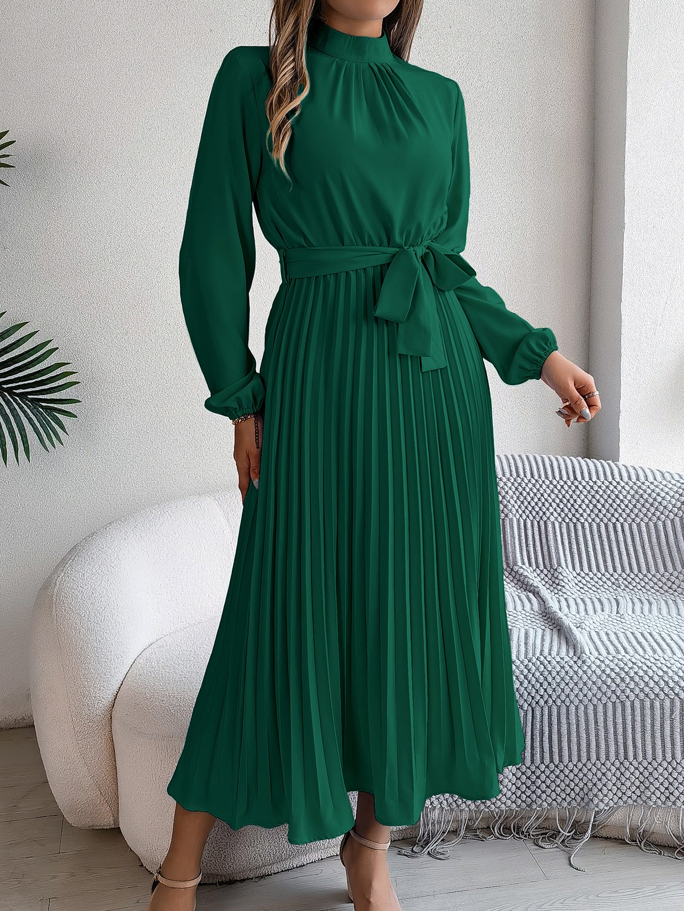 Elegant Pleated Midi Dress With Belt Dark Green