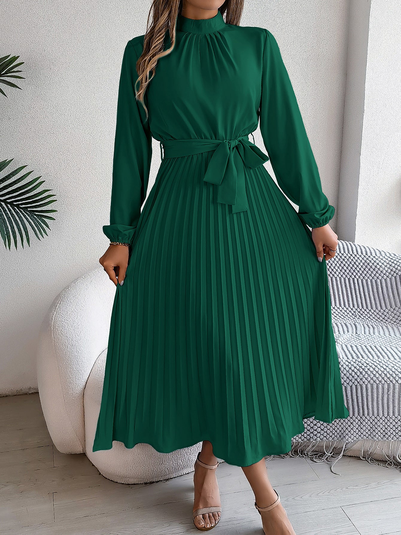 Elegant Pleated Midi Dress With Belt Dark Green