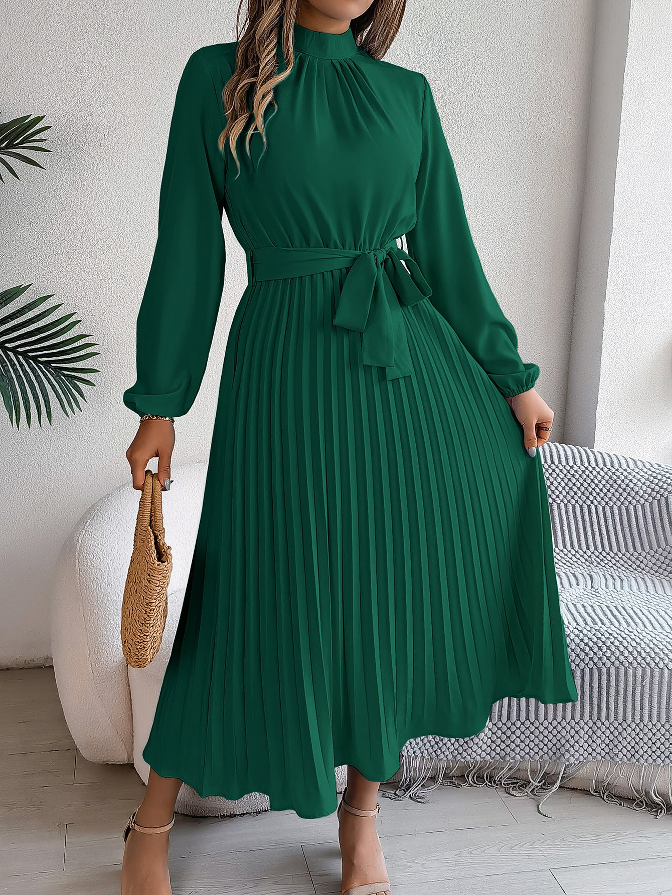 Elegant Pleated Midi Dress With Belt Dark Green