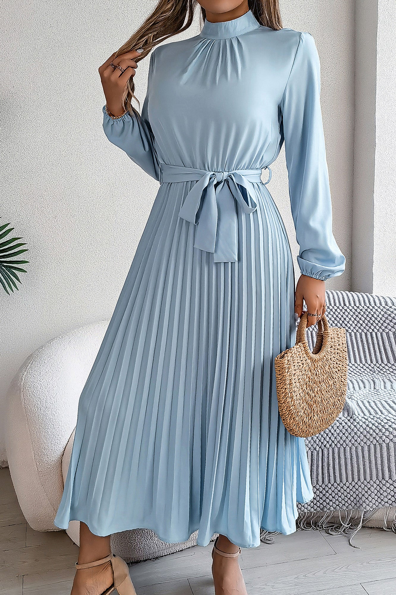 Elegant Pleated Midi Dress With Belt Light Blue