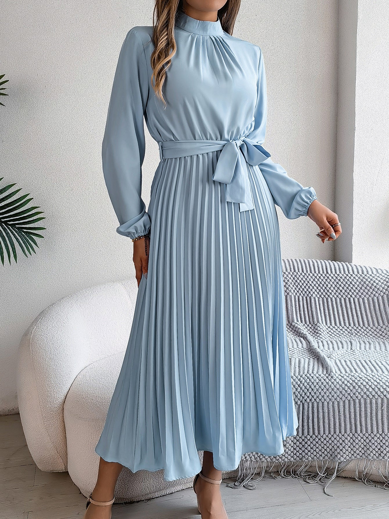 Elegant Pleated Midi Dress With Belt Light Blue