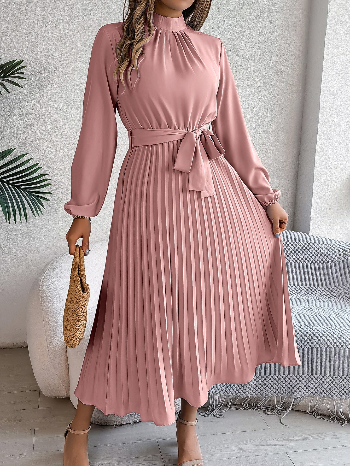Elegant Pleated Midi Dress With Belt Pink