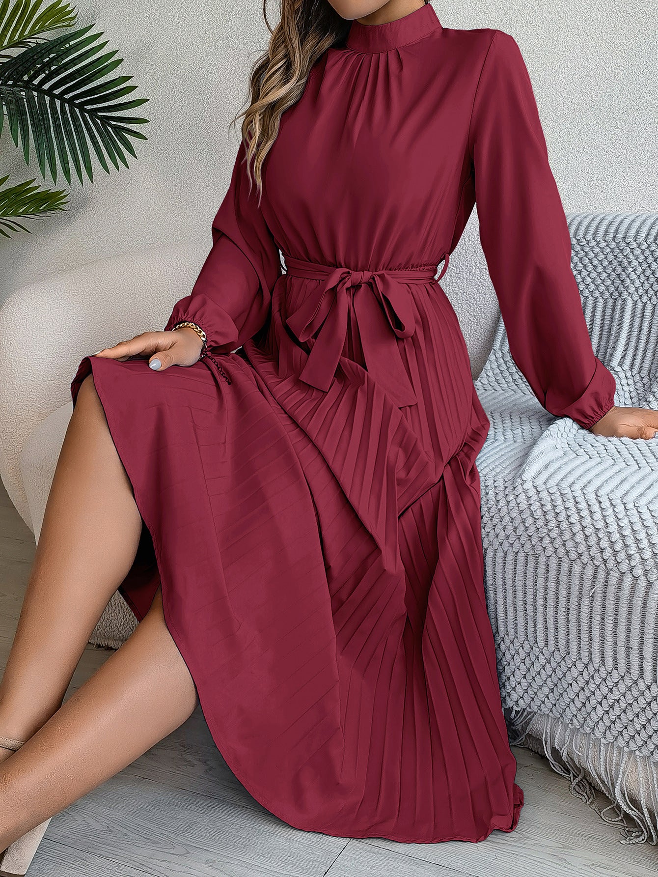 Elegant Pleated Midi Dress With Belt Wine Red