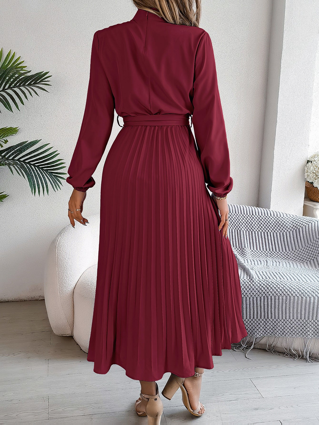 Elegant Pleated Midi Dress With Belt Wine Red
