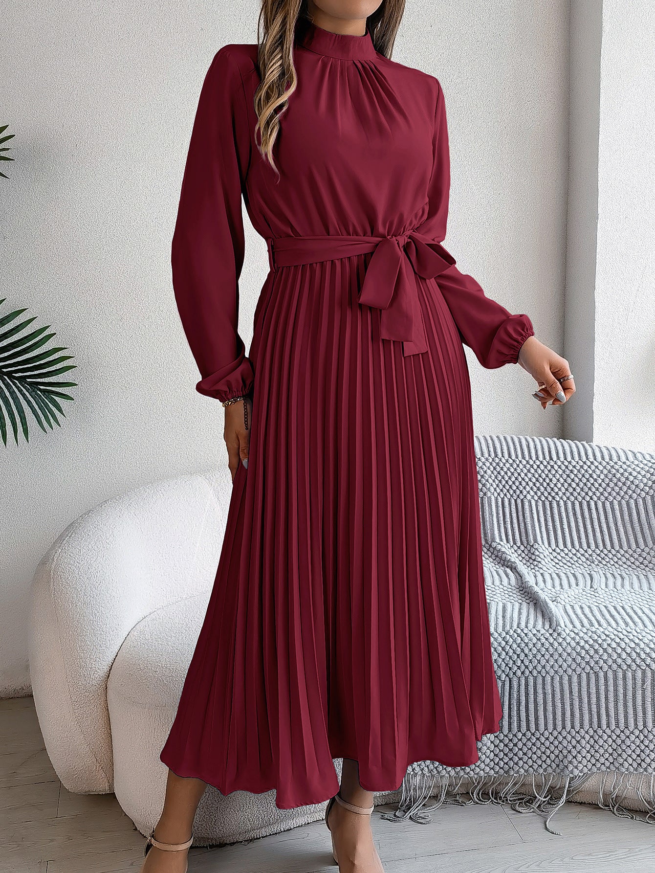 Elegant Pleated Midi Dress With Belt Wine Red