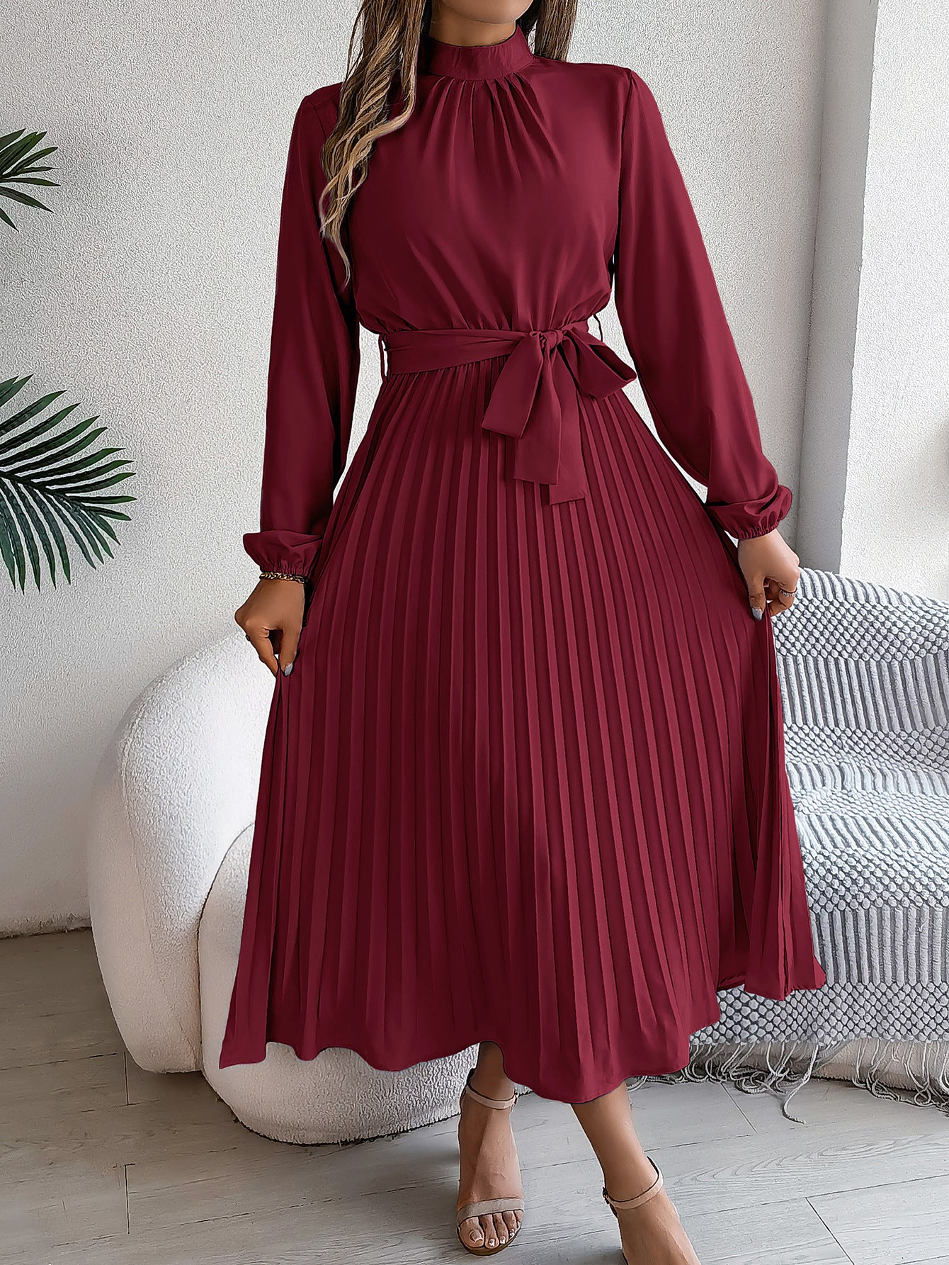 Elegant Pleated Midi Dress With Belt Wine Red
