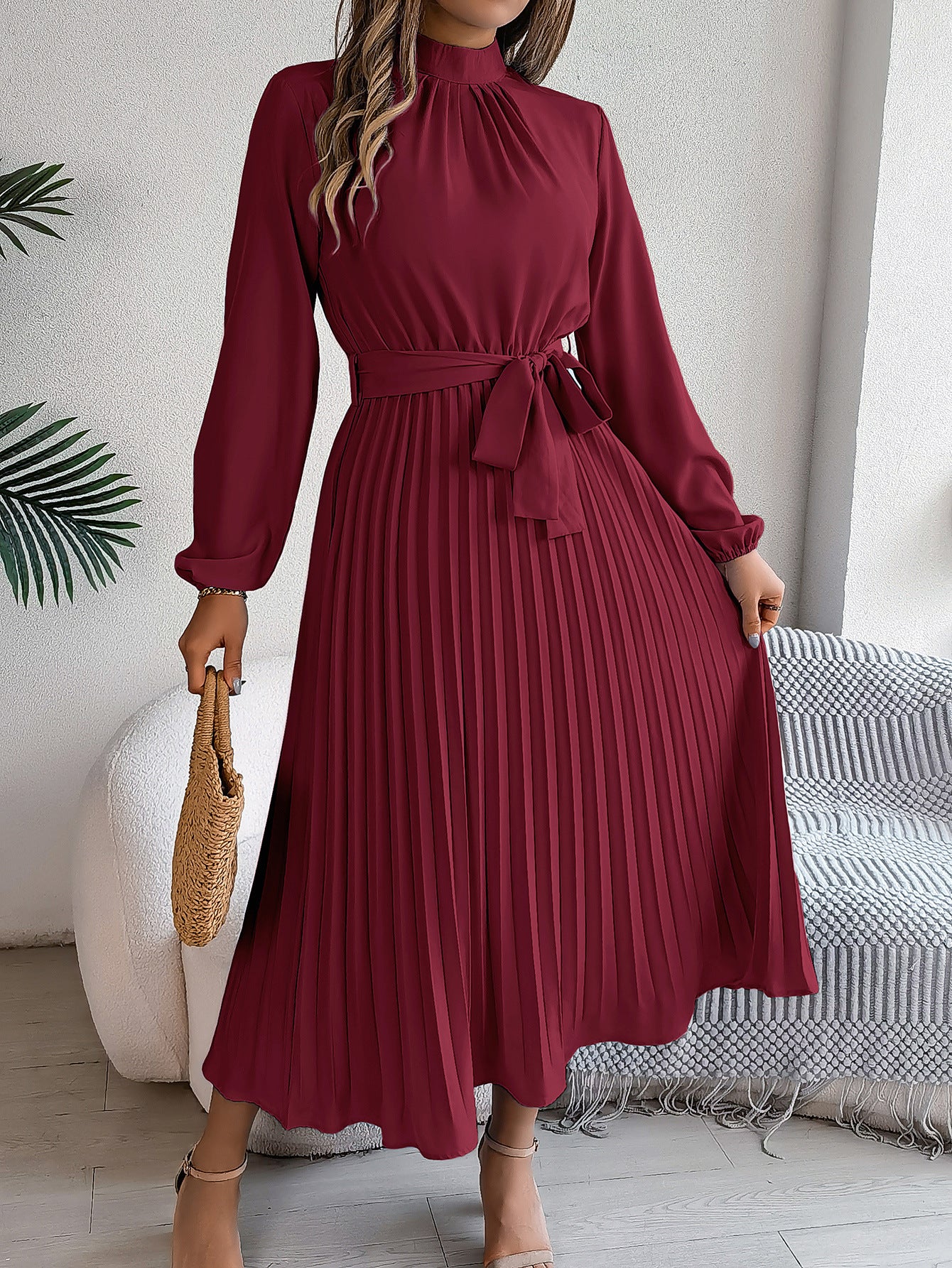 Elegant Pleated Midi Dress With Belt Wine Red