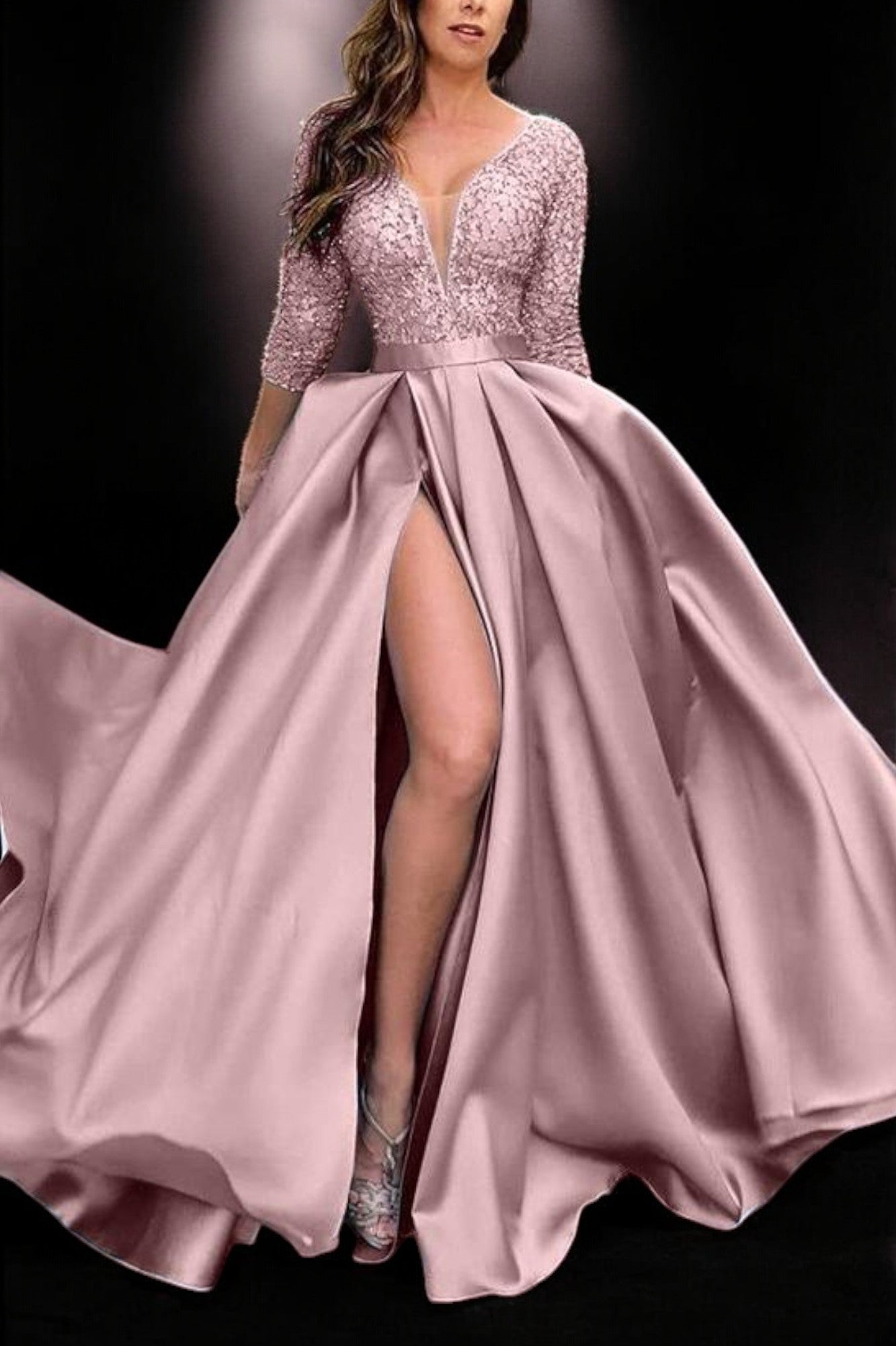Elegant Sequin Maxi Dress with Flowing Skirt and High Slit Pink