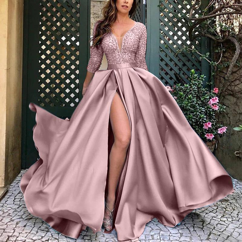 Elegant Sequin Maxi Dress with Flowing Skirt and High Slit Pink