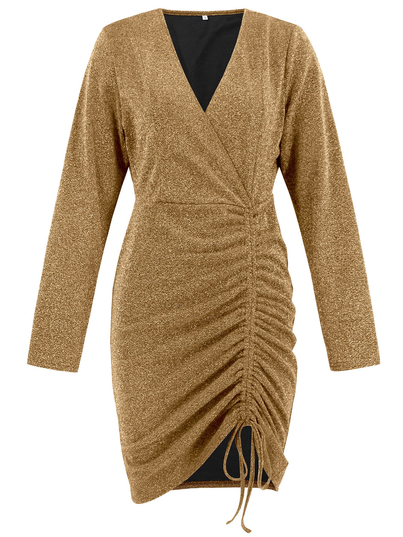 Gold Deep V Neck Ruched Long Sleeve Mini Dress