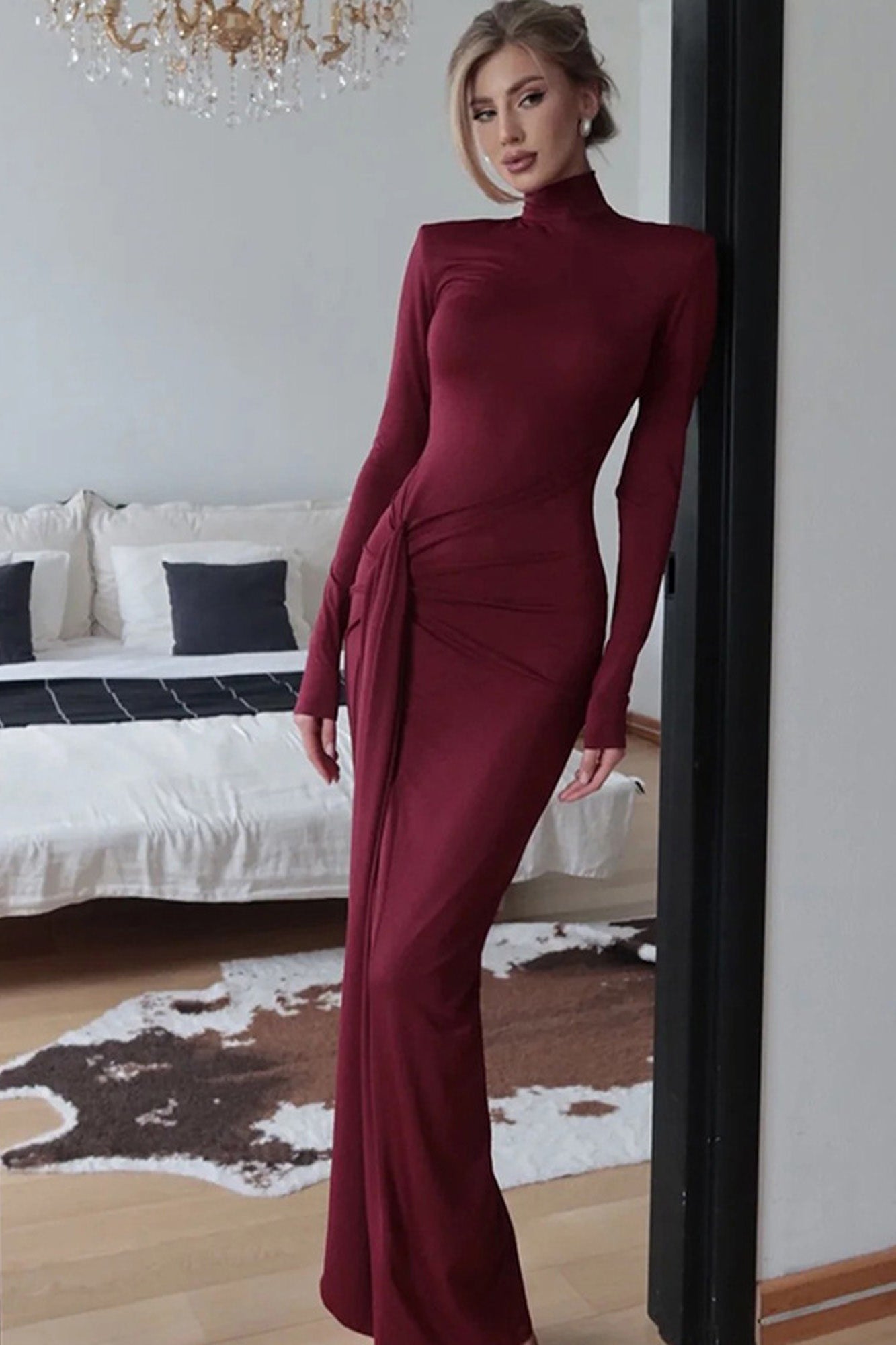 High-Neck Ruched Maxi Dress With High Slit Wine Red