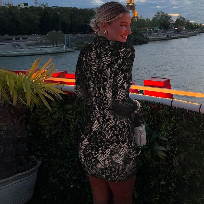 Lace Long Sleeve Mini Dress Black