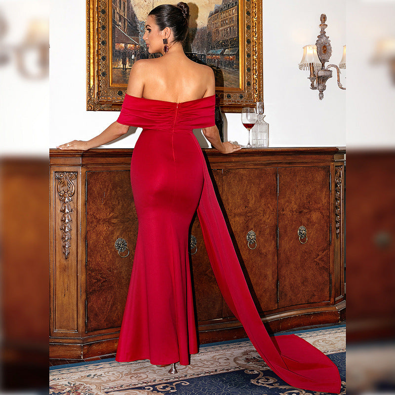 Off-Shoulder Draped Gown with Floor-Length Train Red