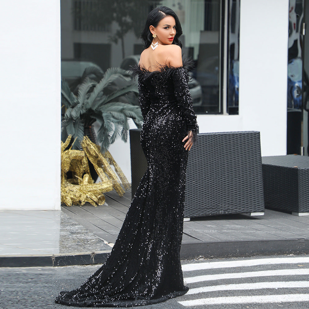 Off-Shoulder Feather Trim Sequin Gown Black