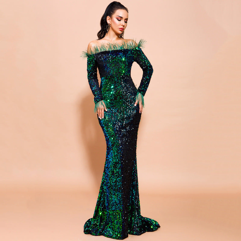 Off-Shoulder Feather Trim Sequin Gown Emerald Green