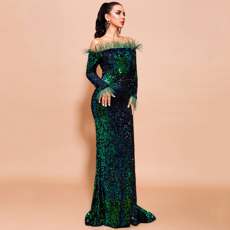 Off-Shoulder Feather Trim Sequin Gown Emerald Green