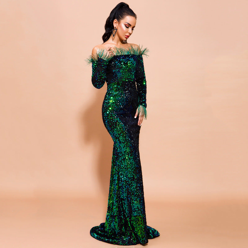 Off-Shoulder Feather Trim Sequin Gown Emerald Green