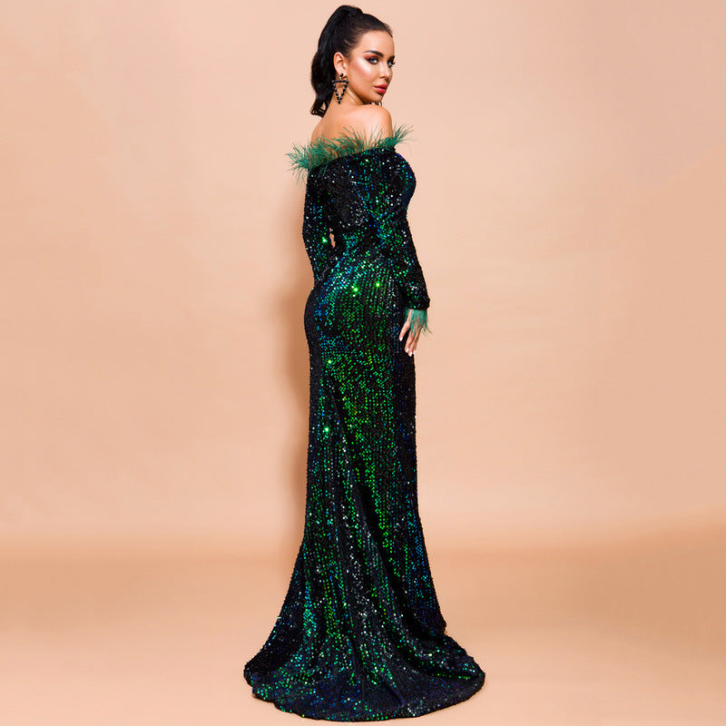 Off-Shoulder Feather Trim Sequin Gown Emerald Green