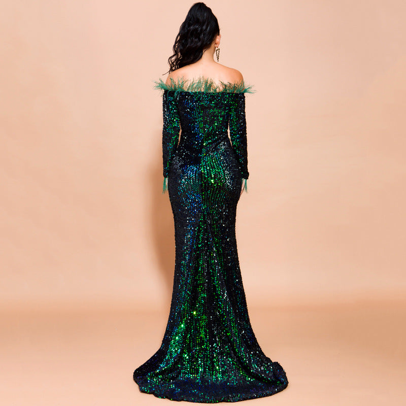 Off-Shoulder Feather Trim Sequin Gown Emerald Green