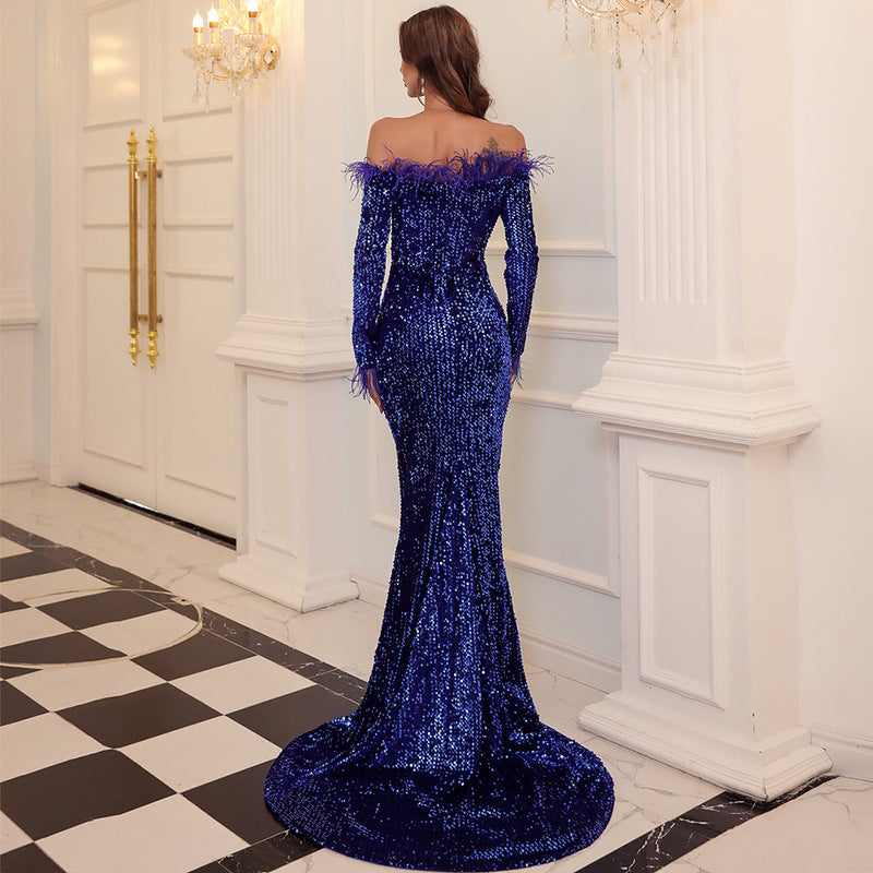 Off-Shoulder Feather Trim Sequin Gown Navy