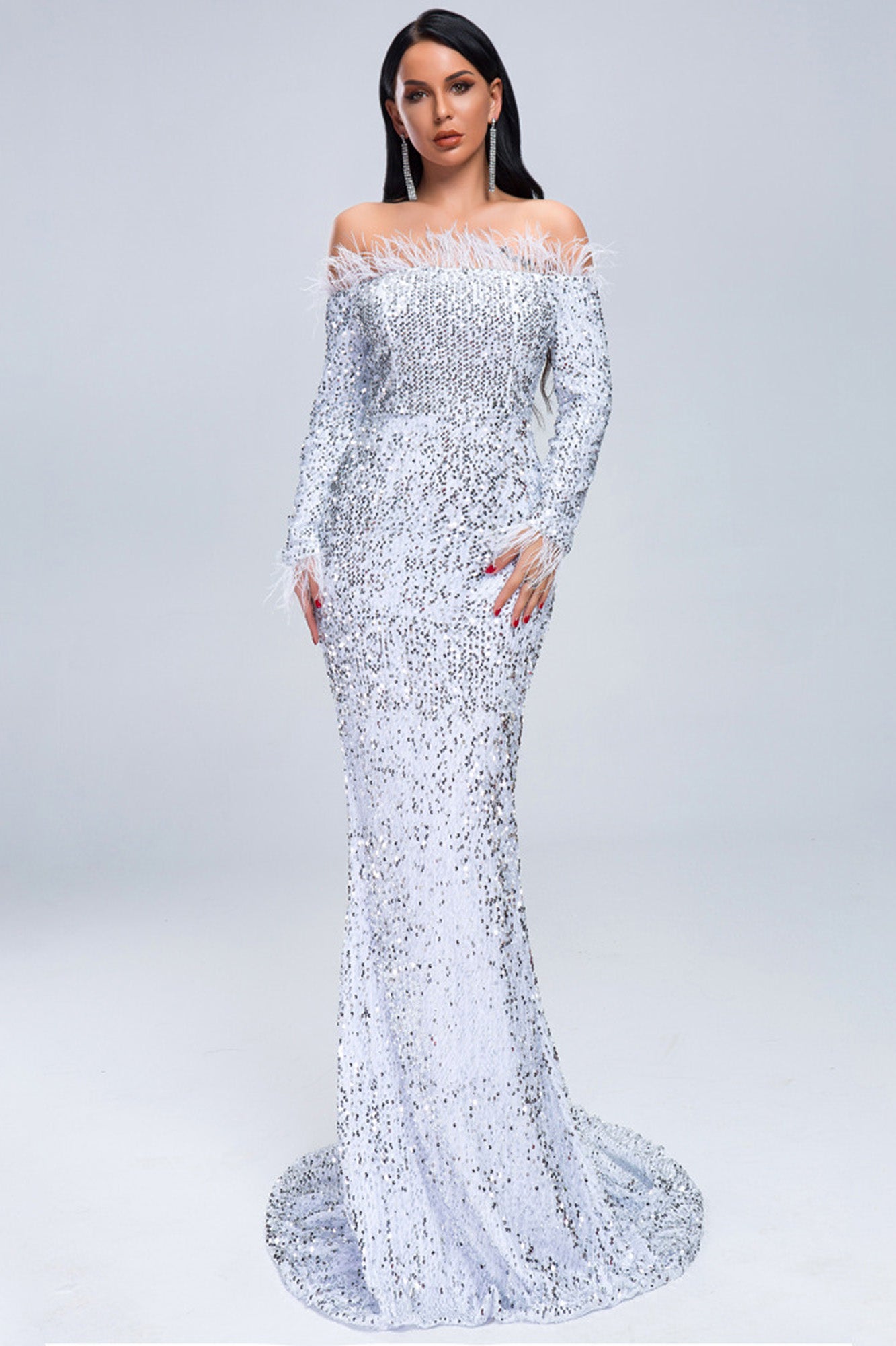 Off-Shoulder Feather Trim Sequin Gown White