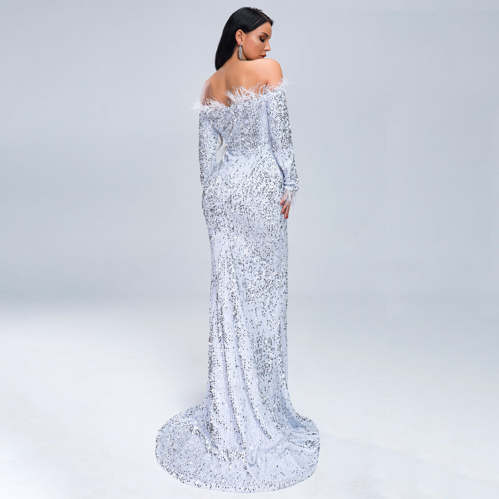 Off-Shoulder Feather Trim Sequin Gown White