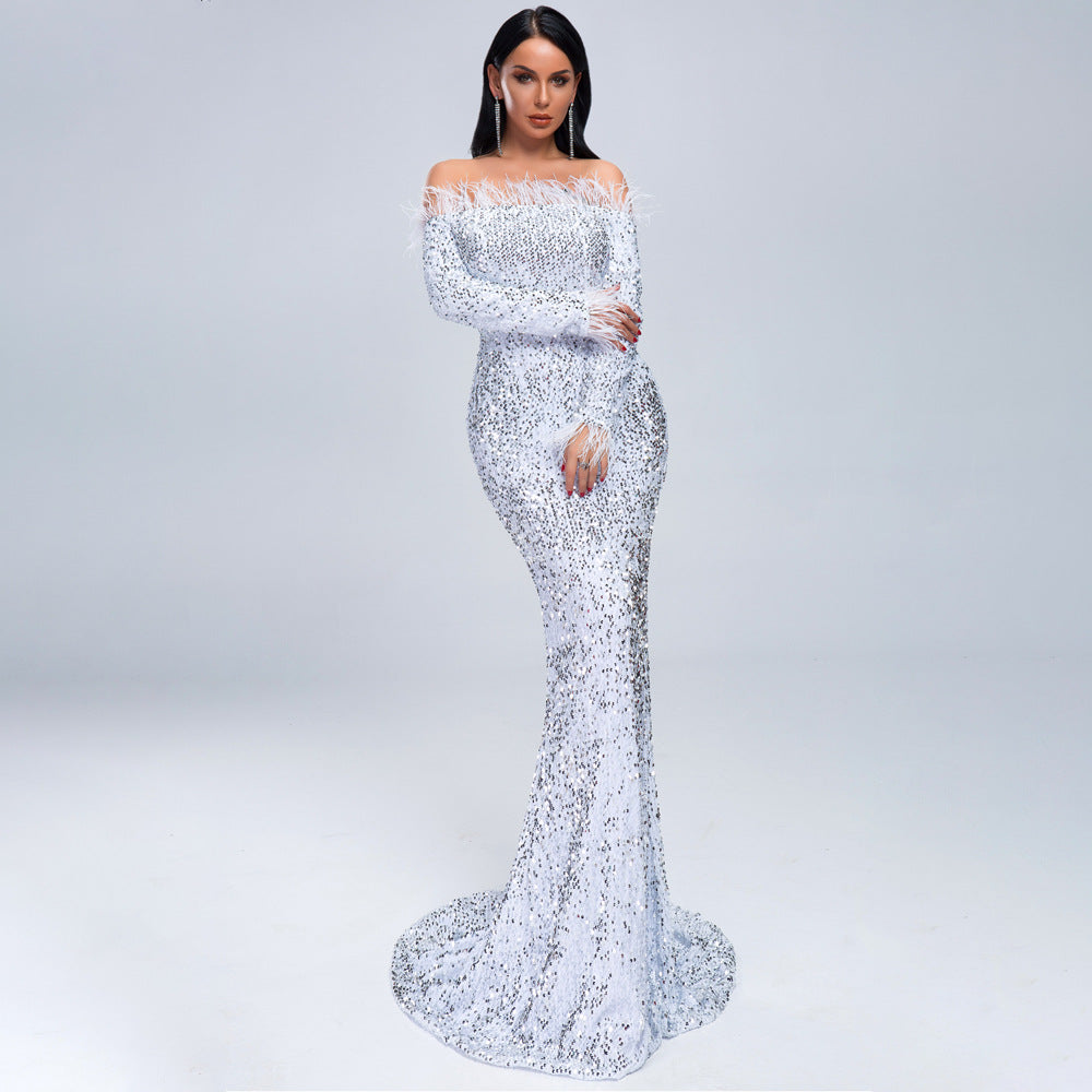 Off-Shoulder Feather Trim Sequin Gown White
