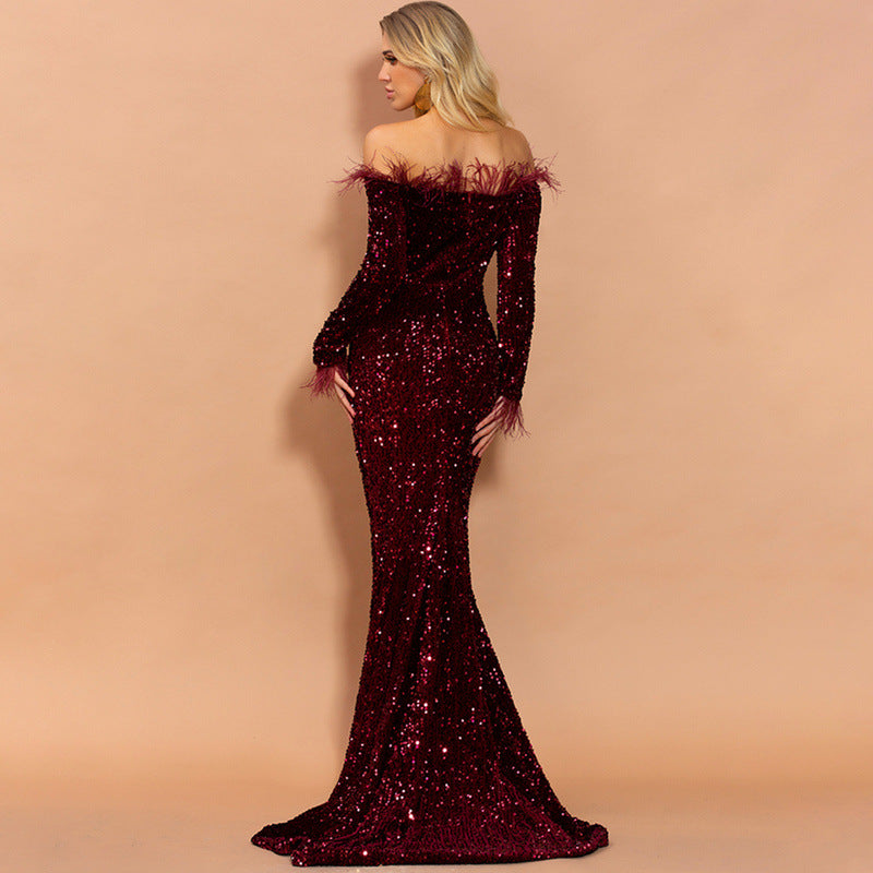 Off-Shoulder Feather Trim Sequin Gown Wine Red